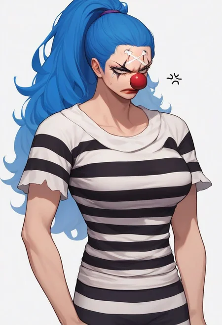 score_9, score_8_up, score_7_up, source_anime, solo, 1girl, genderswap, Buggy, blue hair, ponytail, clown nose, clown makeup, prisoner outfit, black and white striped shirt, striped pants, annoyed, arms down at sides, big breasts, woman, portrait, close up, standing, white background