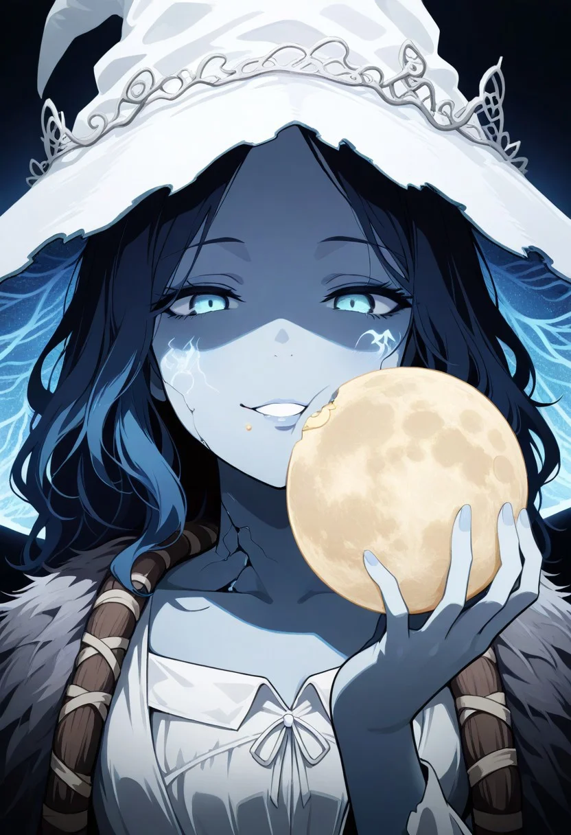 masterpiece, best quality, very aesthetic, absurdres, 1girl, close up, face focus, ruined cities, ruins, ranni_the_witch, witch hat, high contrast, drastic lighting, minimalism, holding moon, eating moon, ((hard orgasm face, face of intense pleasure, naughty face cumming, o face))