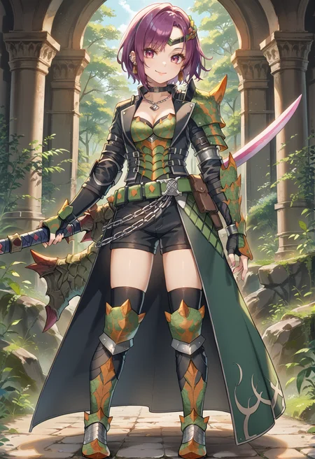 (score_9:0.9),score_8_up,score_7_up,rating_safe,anime style,(zPDXL),<lora:Espinas armor ponyXL v1.2:0.72>,1girl, solo, sword, short hair, smile, looking at viewer, green knee boots, full body, purple hair, holding sword, pink eyes, cleavage, medium breasts, earrings, espinas armor, standing, green hair ornament, green breast armor, green pauldron, green belt, green gauntlets, green totem skirt, black shorts