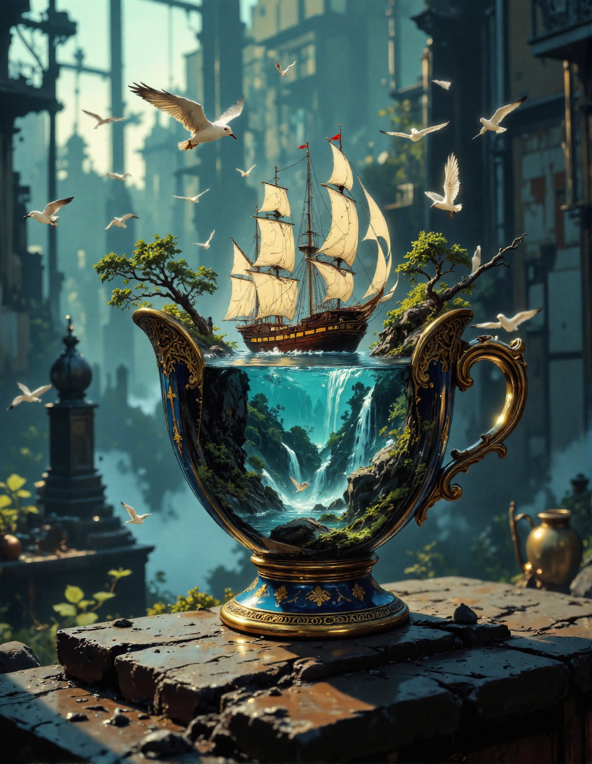 a blue and gold teacup filled with water and a ship. The teacup has an ornate handle and is decorated with gold. Inside the teacup is blue water that is wavy, and a sailing ship is in the water, partially underwater. There are also small trees and a waterfall inside the teacup.  Several tiny seagulls are flying around the teacup and ship. The teacup is sitting on a dark, rocky surface that looks wet and has small puddles. The image shows a teacup, ship, water, trees, waterfall, and seagulls, <lora:RetroAnimeFluxV1:0.3>, <lora:VividlySurreal:0.5>, <lora:aidmaFLuxPro1.1_v0.3:0.6>, <lora:Anime Art V3:1>