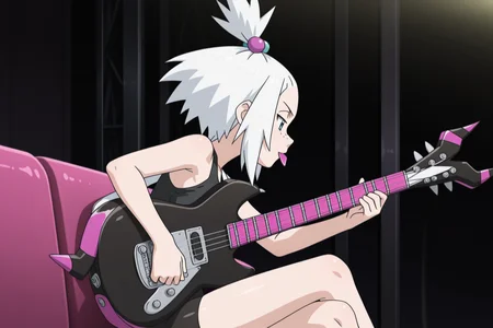 1girl, seat, on couch, looking at guitar,  from side,  profile, 
guitar plectrum in mouth,(tuning the guitar,:1.2) biting, 
<lora:roxie_2_pe:0.8>
Roxi5,
blue eyes,pale skin, freckles,
white hair, tied in a high,spiky ponytail ,hair ornament, purple and blue hair bobbles,
black vest top,
black bike shorts,
black electric guitar,
pink details electric guitar,
 white guitar strap,, masterpiece, high quality, absurdres, best quality, very aesthetic, newest,