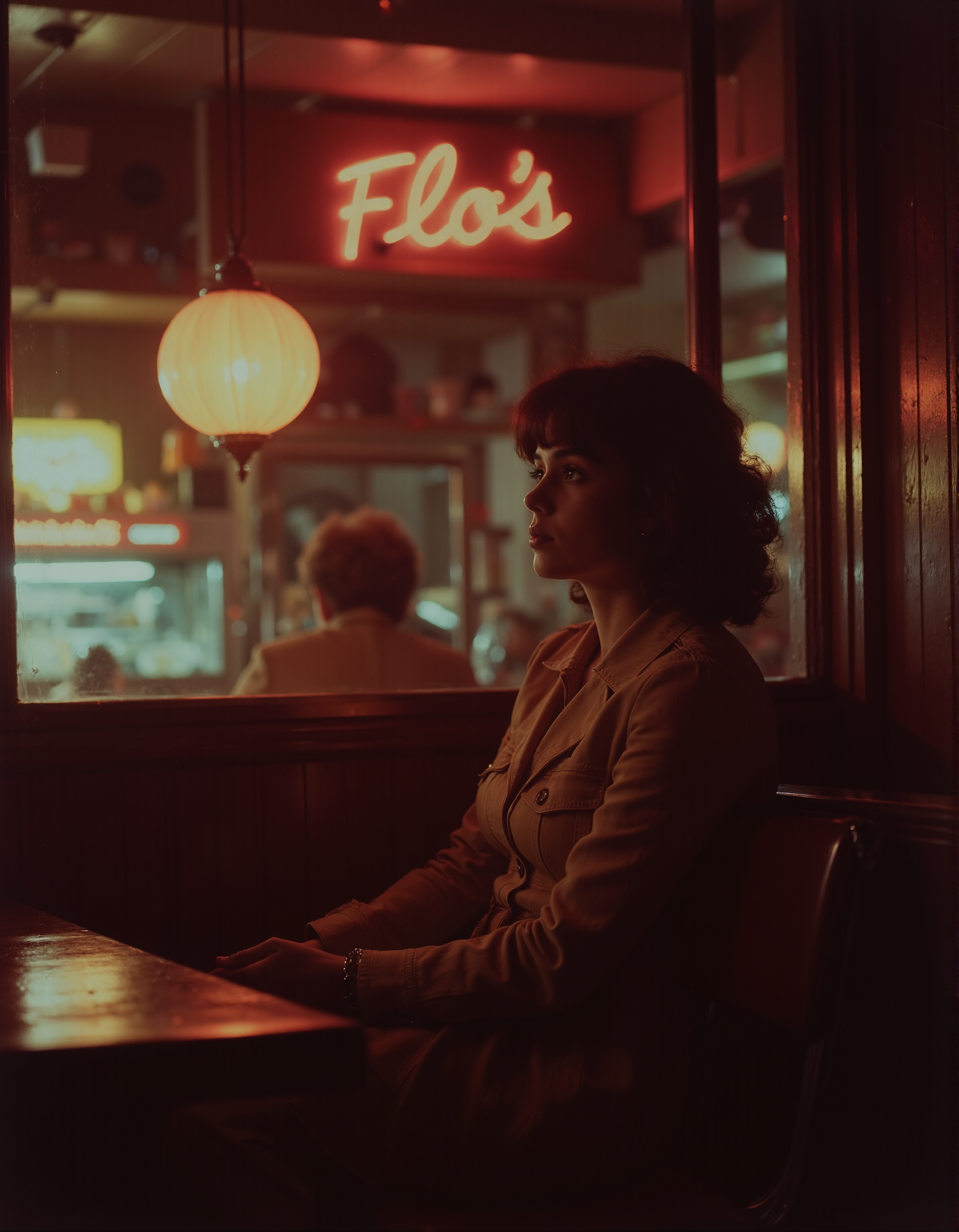 A woman sitting in a dimly lit diner called "Flo's". <lora:retrograde-80s:0.8> retr0grade80s
