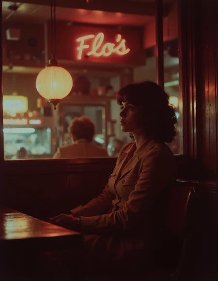A woman sitting in a dimly lit diner called "Flo's". <lora:retrograde-80s:0.8> retr0grade80s