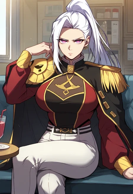 score_9, score_8_up, score_7_up, score_6_up, source_anime, rating_explicit, 1girl, solo, huge breasts, <lora:Baek Hwayeon prefectPonyxl:0.85> long hair, white hair, purple eyes, pink eyes, high ponytail, red eyes, high collar, shoulder armor, epaulettes, (black cape:1.1), red jacket, long sleeves, black shirt, black belt, white pants, serious, cafe, indoors, looking at viewer, sitting, on sofa, table