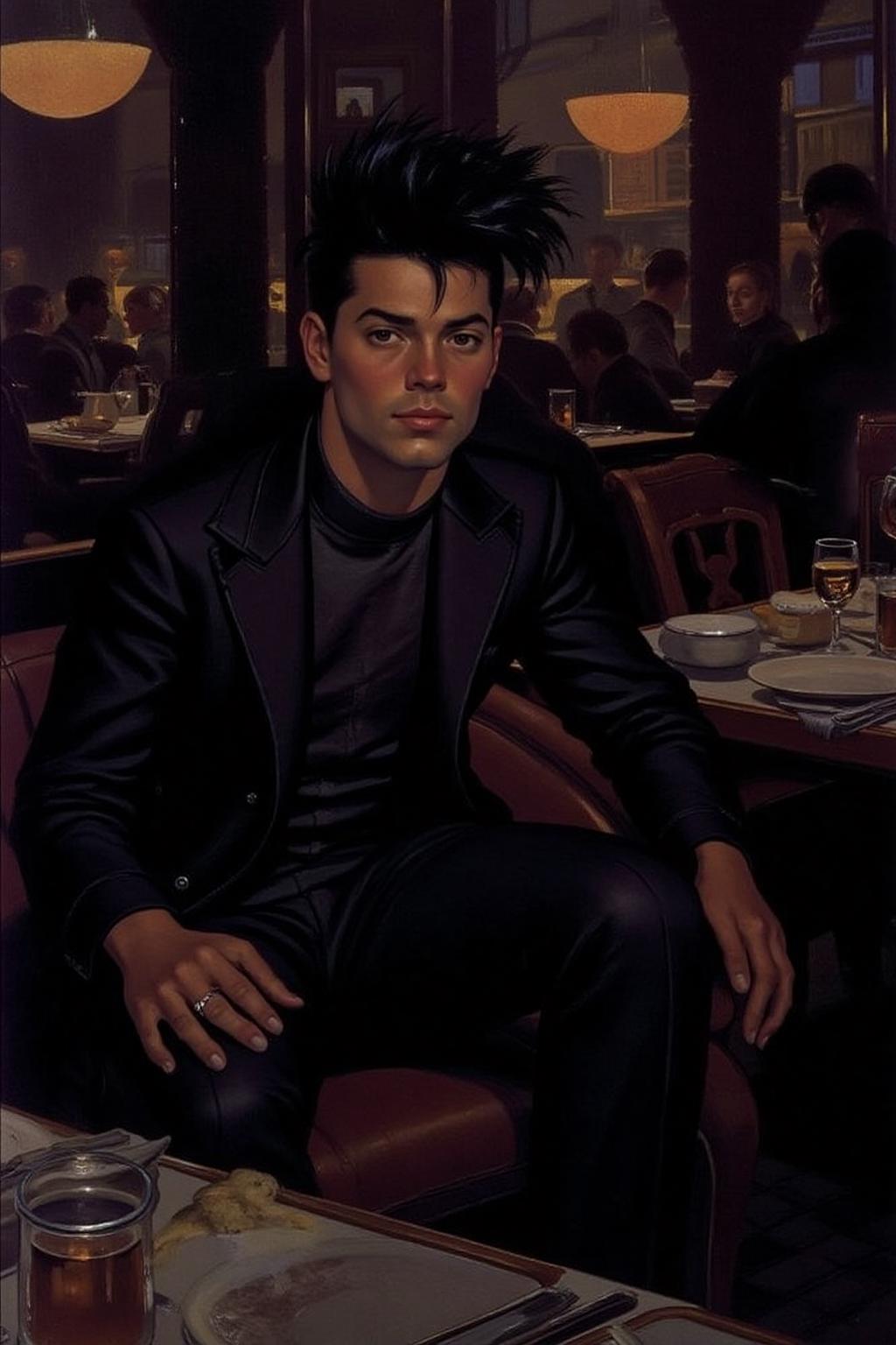 sydme1 painting a black-haired man is seated in a dimly-lit restaurant. He is dressed in a dark-colored jacket and pants, his hands resting on his lap. The man's face is adorned with a spiky haircut, adding a pop of color to the otherwise monochromatic scene. The restaurant is filled with people, their tables and chairs visible in the background.  <lora:sydme6_cap_d6a3:1.0><lora:811004406905693761:0>