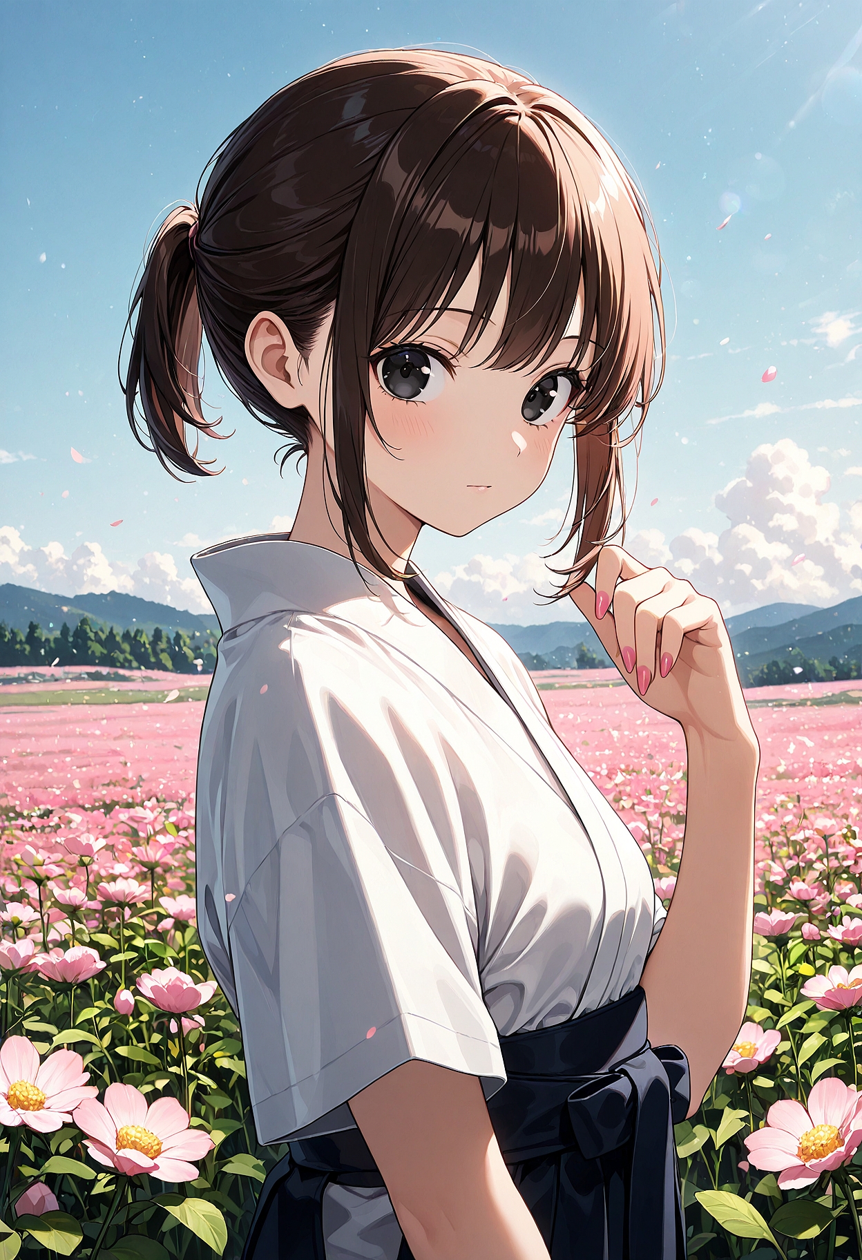 (masterpiece, best quality, highres:1.2), cel_shading,  illustration, 
1girl, solo, looking_at_viewer, short_hair, brown_hair, upper_body, ponytail, flower, short_sleeves, sidelocks, outdoors, japanese_clothes, hand_up, black_eyes, pink_flower, field, photo_background, nail_polish, pink nails, long fingernails,