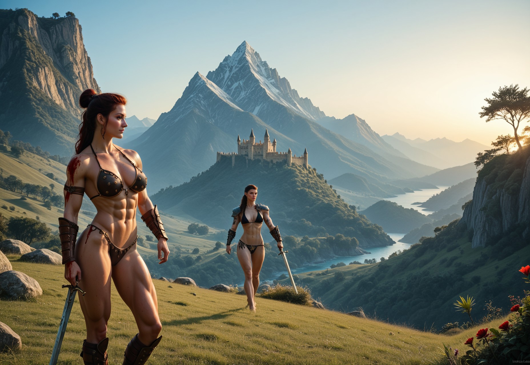 safe_pos, 2girl warrior  anime_source, adventures, skulls, armor, swords, bikini, magical, evil, fantasy, nude, nsfw, epic, dnd_art, score_9-up, score_8_up,  score_7_up, nude, nsfw, epic, dnd_art, A breathtaking tropical fantasy landscape castles, mountain, lighting, muscles, smile, sexy, milf, abs, ripped, gore, blood, nude, NSFW