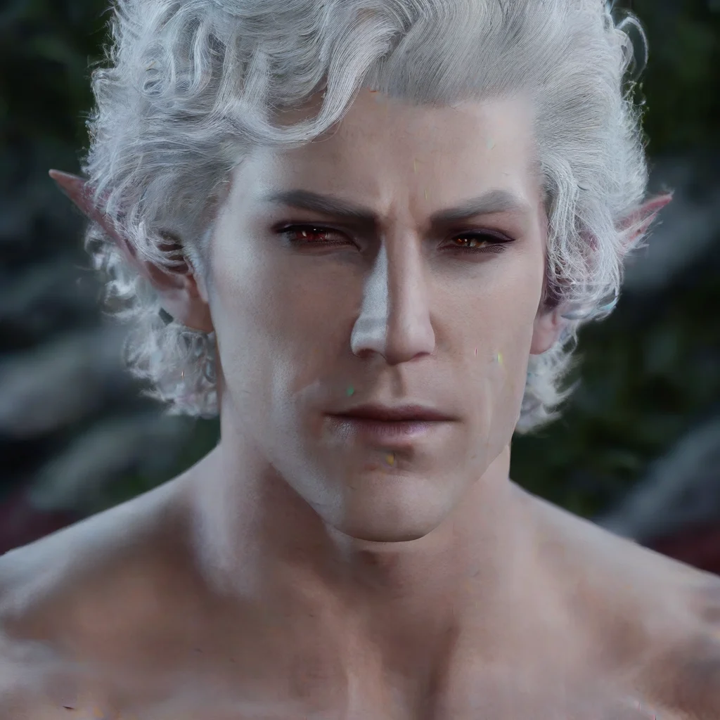 sexy nude muscular man, curly white hair, vampire, elf, handsome man, astationxl, <lora:astationxl:0.95>, (photo:1.5), realistic, nikon