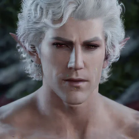 sexy nude muscular man, curly white hair, vampire, elf, handsome man, astationxl, <lora:astationxl:0.95>, (photo:1.5), realistic, nikon