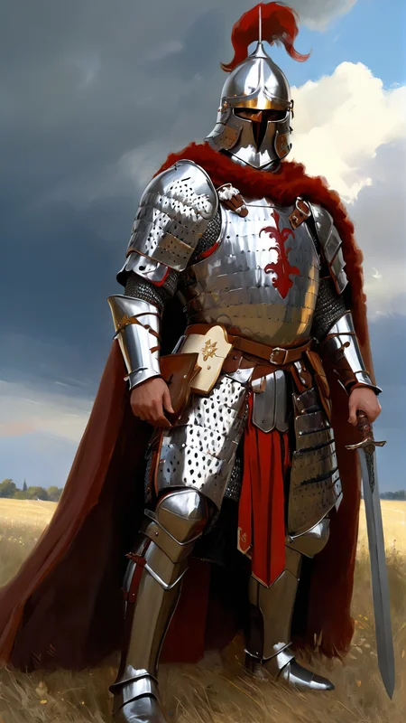 <lora:Scale_Armor-000008:0.8> ((((1boy, perfect bulky muscular tall male knight, wearing fully body scale armor, wearing horned helmet, piercing eyes seen behind helmet visor, scales, SCLARMR, huge body, tall, imposing, holding a massive bastard sword, wearing a majestic fur cape, standing in battlefield, majestic epic clouds, fantasy art, lamellar armor, full body, masterpiece, masterful oil grunge painting, best quality, very aesthetic, absurdres art, beaming with power and intense vigor)))), action pose, looking at viewer, tilted, bokeh, depth of field, selfie, daytime, exotic, looking into the camera, fujifilm, bokeh, f/8.0, full body, bokeh, ((((backlit, cozy dim light, Low saturation color, vintage, grunge, top light, masterful painting in the style of Anders Zorn | Marco Mazzoni | Yuri Ivanovich, Todd McFarlane, Aleksi Briclot, oil on canvas)))) <lora:more_details:0.8> <lora:detailed_notrigger:0.4> <lora:OilPaint SDXL (style by nty):0.9> ((style by nty))