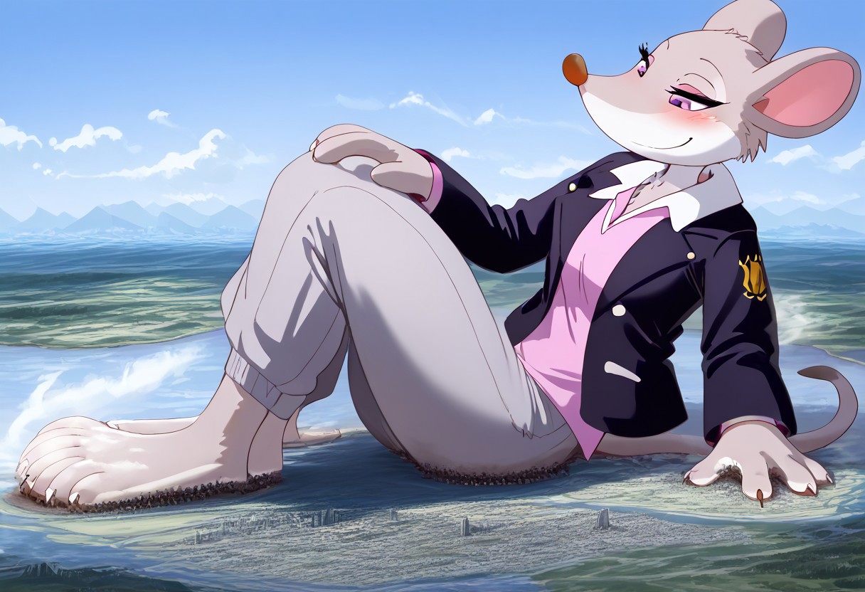 Safe_pos, score_9, score_8_up, score_7_up, detailed face, best quality, 1girl, solo, masterpiece, detailed background, beautiful, detailed eyes, mature female, giantess, macro
side view, lien,
1girl, furry female, solo, Thea-Stilton, gray mouse tail, grey fur, purple eyes, pink shirt, open jacket, white collar black jacket, collared shirt, 4 fingers, gray pants,full body view,
 sitting on ground, presenting feet, light smile, narrowed eyes, blush, breast expansion, tight shirt, 
long river, skyline, cityscape, destroyed cityscape,  earthquake, steam, fog, craters