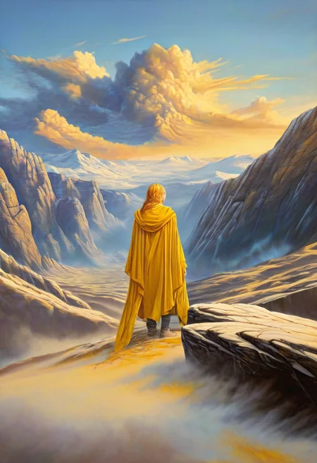 1woman, blonde hair, she's the grim reaper, facing away, rocky hill, standing, black robe blowing in the wind, clouds, sky, sunset, stars, cosmic, in meditation, ultra detailed landscape, bright yellow energy surrounding surrounding her, volumetric lighting, ultra detailed clothes, ultra detailed body, ultra detailed hair, looking at an ancient city made of blue crystals is in the distance, serenity, glowing,
by Natalia Rak and Barclay Shaw in the style of Jessica Rossier, <lora:EnvyAnimeWatercolorXL02:0.60> , Elmore_Style_LX <lora:Elmore_Style_LX-000011:0.60>