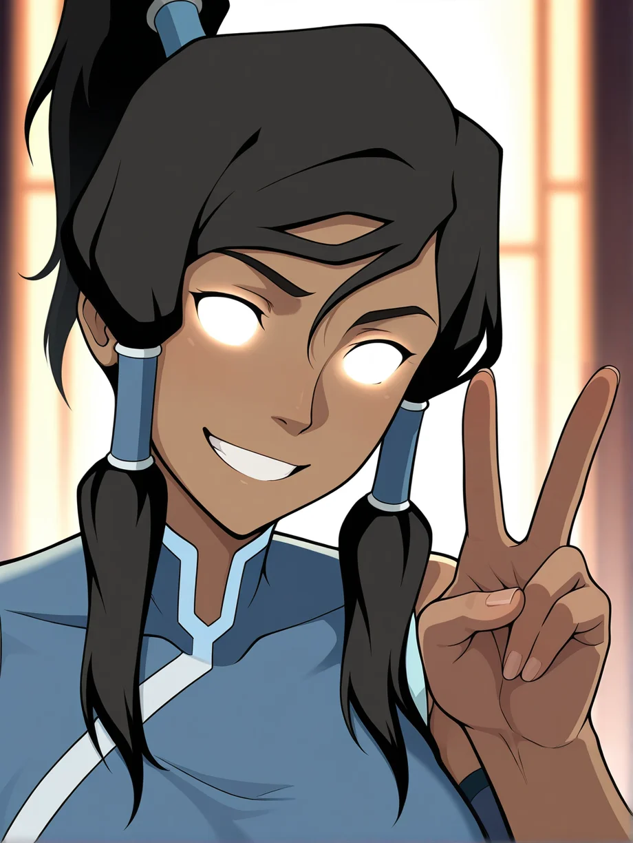 best best quality, amazing_quality, masterpiece,
1girl, korra, hair tubes, ponytail, dark skin, blue shirt,smiling, v, medium breasts, shoulders,
avatarstate, white glowing eyes, white eyes, white sclera <lora:white glowing eyes v0.1 IL:0.7>