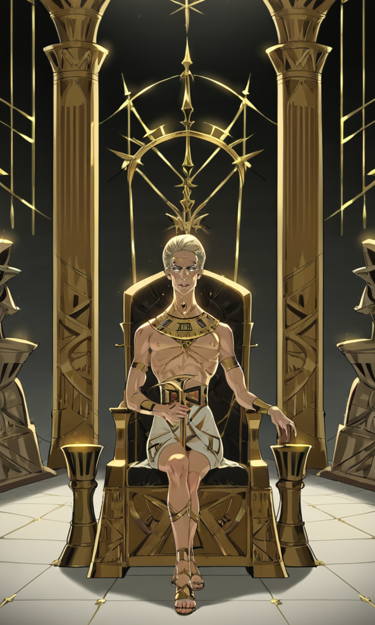 detailed man face, score_9, score_8_up, score_7_up, score_6_up, score_5_up, score_4_up, hadestwochronos, 1boy, half body shot, sitting on throne, crossed legs, looking at viewer, confident, regal, golden throne room background, magnificent, exquisite, gilded decor, velvet drapes, plush cushions, intricate mosaics, high ceilings, grand chandelier, polished marble floor, golden statues, royal insignia, radiant light, sumptuous, aristocratic, royal robes, elaborate crown, poised, majestic, authority, imperial, dignified, lavish surroundings, palace, elite, ceremonial, commanding