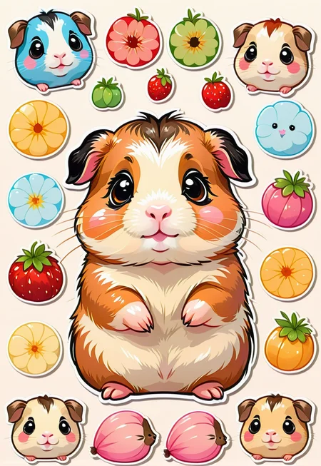 <lora:SDXLCutePets:1> cutepets, an adorable baby guinea pig sticker sheet, kawaii, high quality, digital art illustration, sticker art