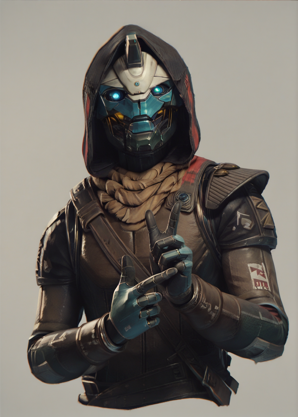 cayde, armor, colored skin, horn, glowing eyes, blue eyes, scarf, hood, full body, finger pistols, wink, robot body, robot joints,  <lora:Cayde-6_PonyXL:0.8>, BREAK score_9, score_8_up, score_7_up, score_6_up, score_5_up,