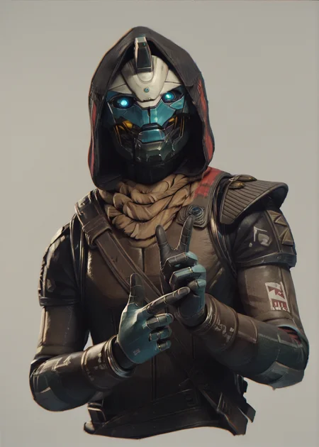 cayde, armor, colored skin, horn, glowing eyes, blue eyes, scarf, hood, full body, finger pistols, wink, robot body, robot joints, <lora:Cayde-6_PonyXL:0.8>, BREAK score_9, score_8_up, score_7_up, score_6_up, score_5_up,
