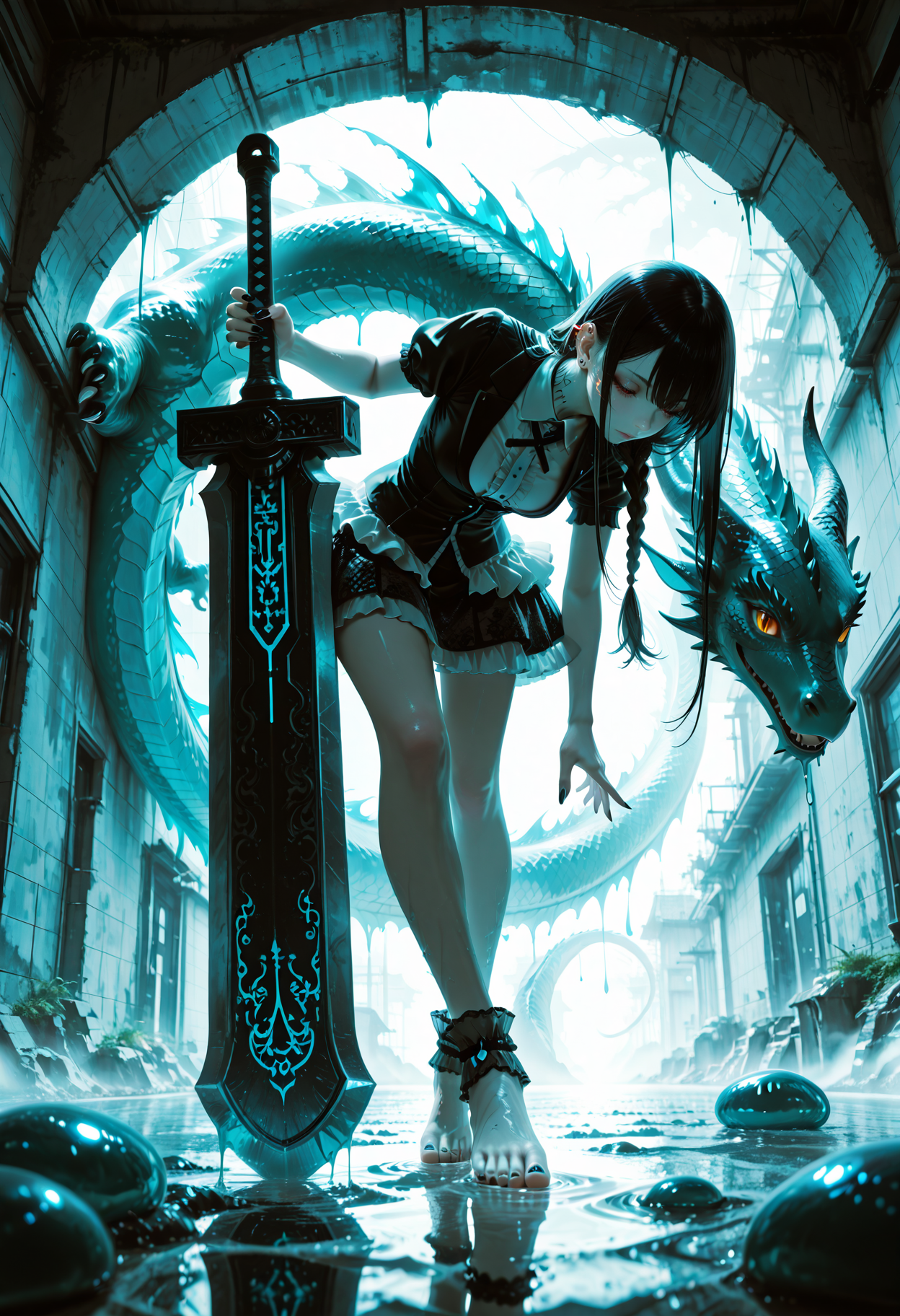 barefoot, amazing quality, Low angle view, Flooded section of an underground parking structure., 8K, dotted sheer ankle socks, slime_(creature), long hair, Tiered ruffle skirt, nail_polish, Antiquarian (Occult), motion_blur:1.1, depth of field, very aesthetic, motion_lines:1.1, braided hair, fog, 1girl, newest, absolutely eye-catching, ultra-detailed, pale skin, ear_piercing, masterpiece, standing straight, Cool Colors Theme, Feet together, Cel Shading, Dragon, fitted top, Yumeko Jabami (Kakegurui), hanging breasts, best quality, anime character, resting massive greatsword on shoulder, long_nails, medium breasts, neck tattoo, dragon background, absurdres, ray_tracing, Fiery tips hair, ambient occlusion, HDR
<lora:DetailedEyes_V3:1> <lora:USNR_STYLE_ILL_V1_lokr3:0.45> usnr <lora:ponyv6_noobV1_2_adamW:0.9> <lora:GENESIS_MK0.2:0.5>