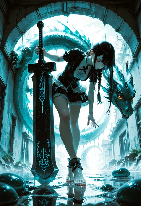 barefoot, amazing quality, Low angle view, Flooded section of an underground parking structure., 8K, dotted sheer ankle socks, slime_(creature), long hair, Tiered ruffle skirt, nail_polish, Antiquarian (Occult), motion_blur:1.1, depth of field, very aesthetic, motion_lines:1.1, braided hair, fog, 1girl, newest, absolutely eye-catching, ultra-detailed, pale skin, ear_piercing, masterpiece, standing straight, Cool Colors Theme, Feet together, Cel Shading, Dragon, fitted top, Yumeko Jabami (Kakegurui), hanging breasts, best quality, anime character, resting massive greatsword on shoulder, long_nails, medium breasts, neck tattoo, dragon background, absurdres, ray_tracing, Fiery tips hair, ambient occlusion, HDR
<lora:DetailedEyes_V3:1> <lora:USNR_STYLE_ILL_V1_lokr3:0.45> usnr <lora:ponyv6_noobV1_2_adamW:0.9> <lora:GENESIS_MK0.2:0.5>