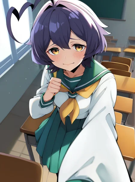 score_4, score_5, score_6, score_9, score_8_up, score_7_up, solo,  utenaxl, short hair, purple hair, ahoge, yellow eyes, green serafuku, white shirt, long sleeves, pleated skirt, green skirt, long skirt,  yellow neckerchief,  school uniform, classroom, pov, selfie, blush, nervous, looking at viewer, <lora:utenaxl-10:1>