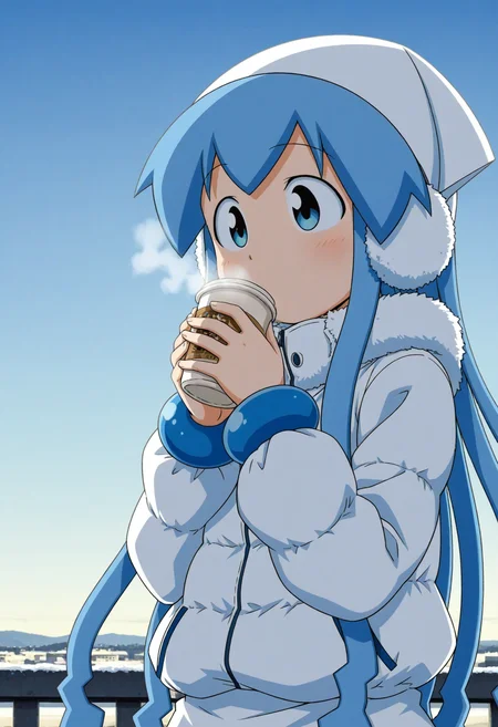 1girl, <lora:ikmsm_illustrious_v3:1> ikmsm, ikamusume, puffy jacket, earmuffs, 
drinking coffee, standing,
winter sky, upper body,
general, masterpiece, best quality, very aesthetic,, <lora:dmd2_sdxl_4step:1>