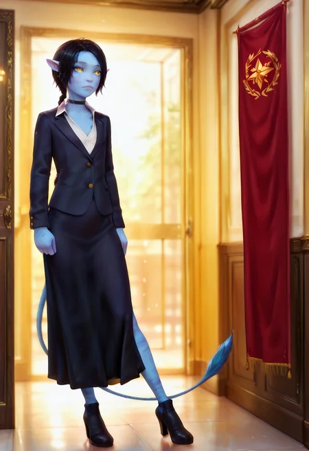 masterpiece, best quality, absurdres, detailed skin, detailed face, detailed eyes, realistic, 3D, PRSNL_3_1,
<lora:Tuktirey_Sully_James_Camerons_Avatar_Illustrious:1> Tuktirey Sully, 1girl, na'vi, solo, small height body, young, striped blue skin, tailbone tail, 5 fingers, colored skin, blue skin, yellow eyes, solo, pointy ears, flat chest, colorful, very aesthetic, skinny face, skinny body, serious expression, black blazer, white shirt under a blazer, high collar shirt, closed blazer, blazer with deep neckline, black knee length skirt, long skirt, transparent dark tights on legs, black high heel shoes, a neat red bandage on the shoulder, choker,
official hall in the background, on the walls there are red banners with the image of a five-pointed red stars, warm colors indoors,