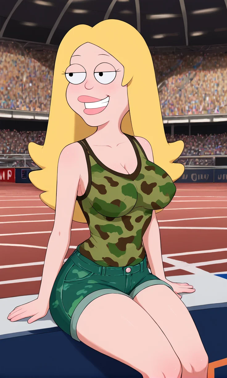 francine_smith, FamilyGuy_Style, score_9_up, score_8_up, score_7_up, score_6_up, rating_explicit, 1girl, breasts, blonde hair, large breasts, long hair, thighs, black eyes, (sitting), (Caramel)(Printed silk blouse with a draped cowl neck.:1.2), (Pastel Pink)(High-waisted cargo shorts with a camo print.), (colosseum background:1.2), (look), (happy), <lora:FamilyGuy_Style-000014:1>