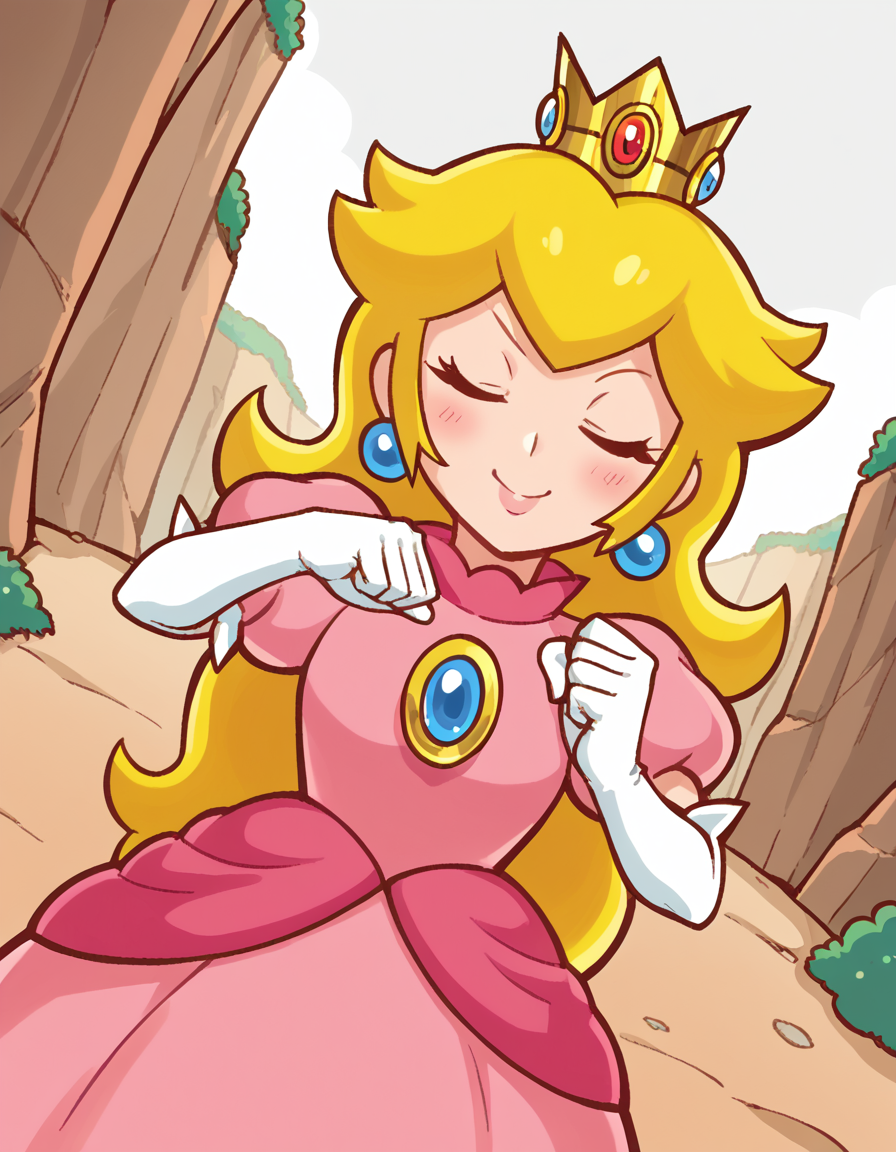 score_9, score_8_up, score_7_up, source_anime, <lora:super-princess-peach-ingame-ponyxl-lora-nochekaiser:1>, princess peach, blonde hair, blue eyes, long hair,, crown, dress, gem, gloves, pink dress, puffy short sleeves, puffy sleeves, short sleeves, white gloves,, canyon, cliffs, desert, rocky, open, , <lora:shikairo-days-dance-ponyxl-lora-nochekaiser:1>, shikairo days dance, shikairo days dance (meme), dancing, meme, closed eyes, clenched hands, glowsticks, blush, smile,, looking at viewer, solo,, dutch angle, cowboy shot