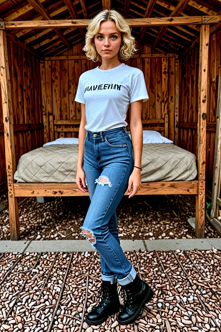 <lora:pytorch_lora_weights_361535:1>,<lora:Skin Color_alpha1.0_rank4_noxattn_250steps:0.7>,
A professional scenic photography of a 42 year old Woman,solo,heterochromia eyes,(short Light blonde hair),straight hairs Curly Bangs,flat chest Perky breasts,flat_ass,kawaii,adorable,freckles,
a black oversized_t-shirt, high-waisted ripped_jeans, black knee-high_socks, black combat_boots, matching silver bracelet,
Rustic Cabin Bedroom with Log Bed Frame and Patchwork Quilts,, highly detailed skin with hairs,detailed skin,detailed face,detailed eyes,sharp focus,Masterpiece,best quality,realistic,HDR, 8K, masterpiece, best_quality, absurdres, ultra-detailed, highly_aesthetic, highly_detailed_eyes, depth_of_field, realistic_body