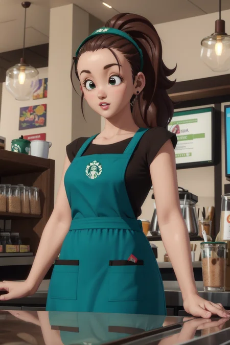 cocoa,1girl, solo, cowboy shot,barista, (counter in foreground:1.3), brown hair, (black eyes), ponytail, (green visor cap:1.3), long hair, (green apron), black t-shirt,starbucks, cafe, coffee shop, indoors,parted lips,(beautiful, gorgeous:1.1),(Maya 3d render:1.05), (masterpiece:1.3), (hires, high resolution:1.3), subsurface scattering,long sideburns, <lora:cocoangela_v1:1>