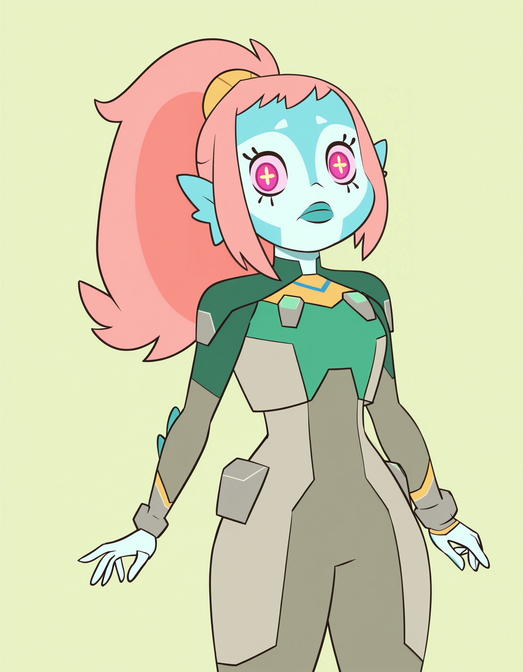 akila, 1girl, alien, blue skin, pink hair, colored skin, ponytail, long hair, pink eyes, head fins,+ +, solo, symbol-shaped pupils, breasts,bodysuit,simple background, looking at viewer,     <lora:AkilaIllustrious1.0JLFO:1>
