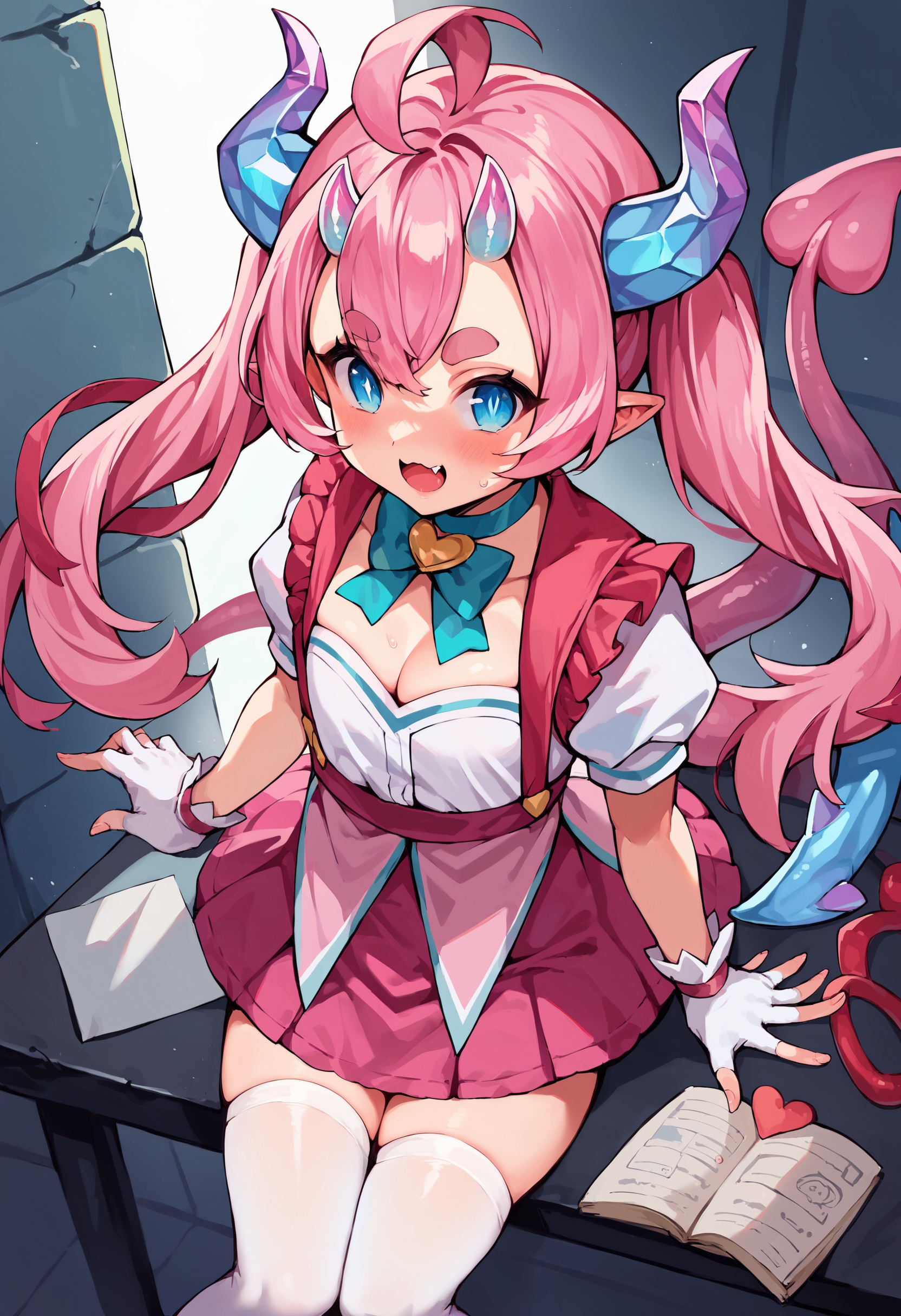 score_9, score_8_up, score_7_up, uncensored, source_anime, 1girl,  <lora:spchibidokiXLPony:1> chibidokidef, thick eyebrows, horns, gloves, tail, pink skirt, white thighhighs, choker