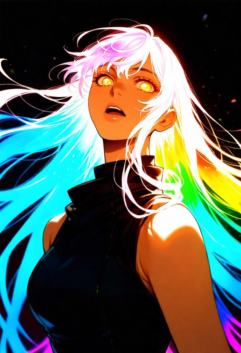score_9, score_8_up, score_7_up, score_6_up, 1girl, bare shoulders, solo, looking at viewer, glowing eyes, open mouth, long hair flowing hair, flying hair, rainbow colored hair, neon hair, glowing hair, upper body, from below, crouched, shouldered weapon, sword, rainbow sword, back lighting, dark, multicolored background, blurred background, bright, multicolored, bright colors of paint, masterpiece, best quality, amazing quality, very aesthetic, lots of multicolored rainbow light, focus on the face, lots of soft light, soft colors