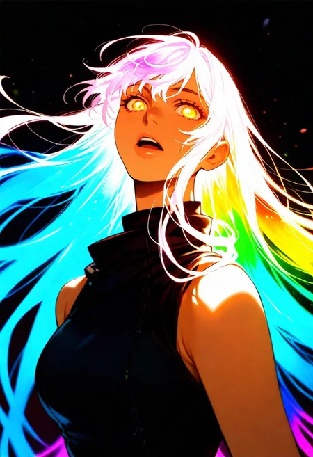 score_9, score_8_up, score_7_up, score_6_up, 1girl, bare shoulders, solo, looking at viewer, glowing eyes, open mouth, long hair flowing hair, flying hair, rainbow colored hair, neon hair, glowing hair, upper body, from below, crouched, shouldered weapon, sword, rainbow sword, back lighting, dark, multicolored background, blurred background, bright, multicolored, bright colors of paint, masterpiece, best quality, amazing quality, very aesthetic, lots of multicolored rainbow light, focus on the face, lots of soft light, soft colors