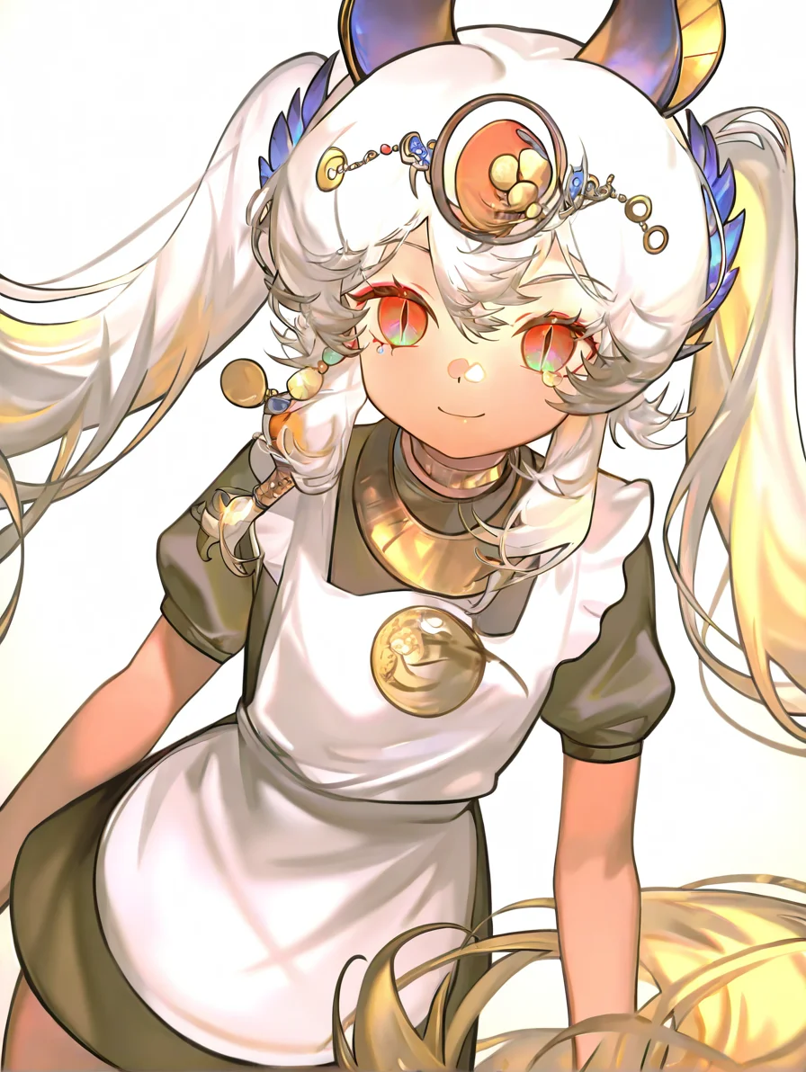 1girl,looking at viewer,solo,(simple background:1.2),(white background:1.1),smile,cowboy shot,,yuanwangbei,multicolored eyes,alternate costume,slit_pupils,maid,<lora:yuanwangbei-000014:1.2>, masterpiece, best quality, very aesthetic, absurdres,newest, incredibly absurdres,