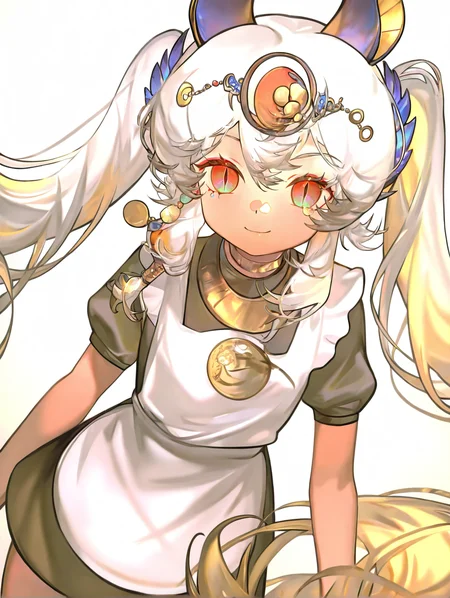 1girl,looking at viewer,solo,(simple background:1.2),(white background:1.1),smile,cowboy shot,,yuanwangbei,multicolored eyes,alternate costume,slit_pupils,maid,<lora:yuanwangbei-000014:1.2>, masterpiece, best quality, very aesthetic, absurdres,newest, incredibly absurdres,