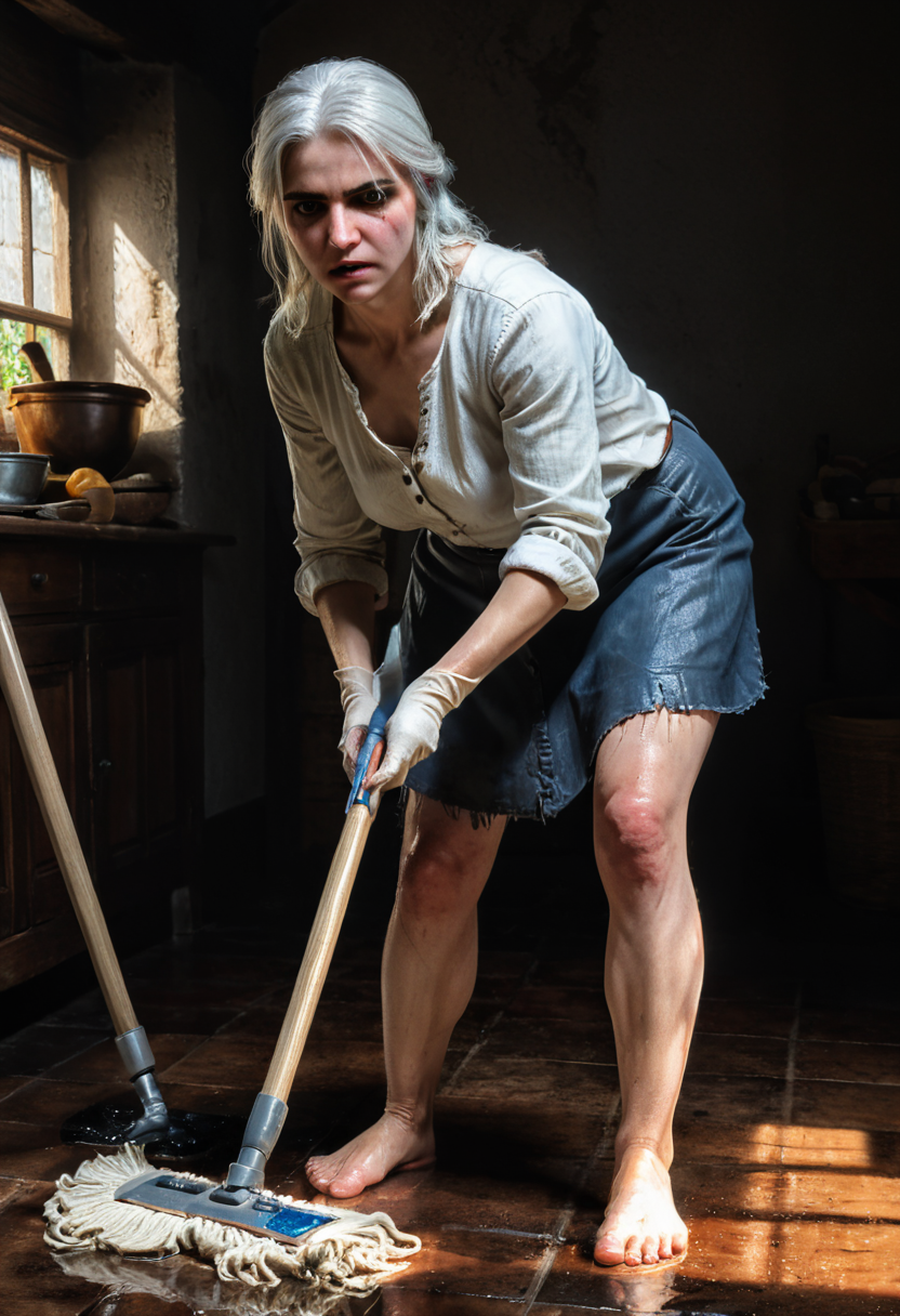 portrait woman ciri_w3, humility, evil, eyes, barefoot, cleaning in the house, (mop the floor:1.3), wet, 8k, F2.8, RAW Photo, ultra detailed, (light:1.3) and shadow, real life <lora:ciri_prodigy_21:0.5>  <lora:xl_more_art-full_v1:0.8>