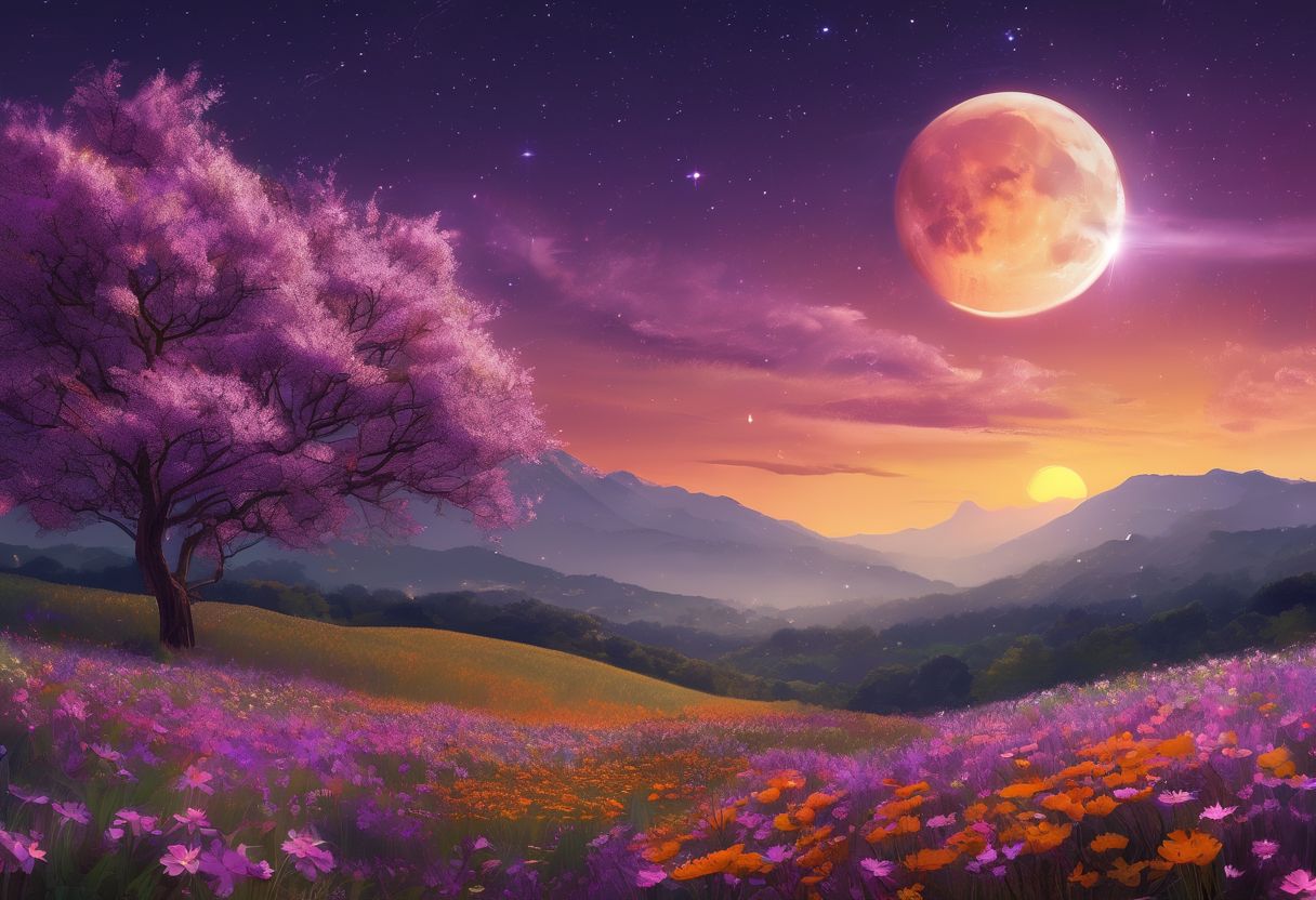 Expansive landscape photograph, (view from below with a view of the sky and the wilderness below),  standing in a flower field looking up, (full moon: 1.2), (shooting star: 0.9), (nebula: 1.3), distant mountain, tree break production art, (warm light source: 1.2), (firefly: 1.2), lamp, purple and orange, intricate detail, volume lighting BREAK (masterpiece: 1.2), (highest quality ), 4k, ultra-detailed,