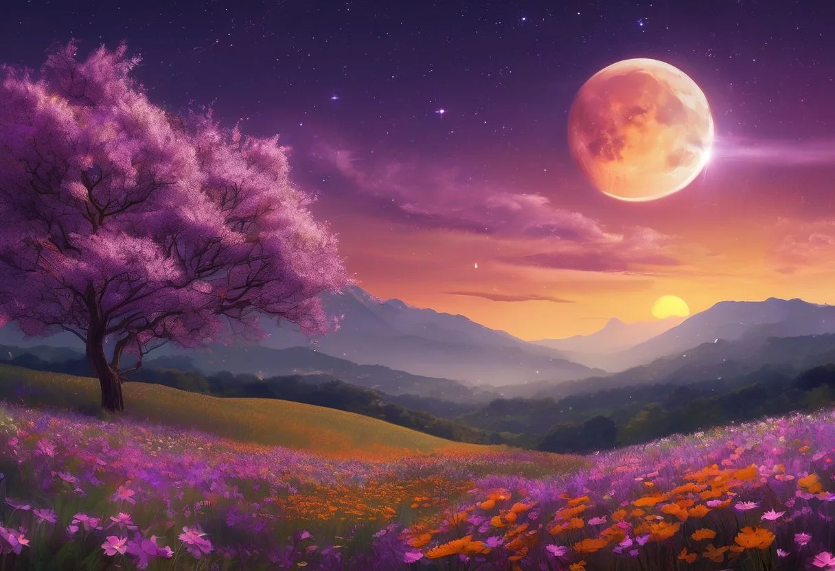 Expansive landscape photograph, (view from below with a view of the sky and the wilderness below), standing in a flower field looking up, (full moon: 1.2), (shooting star: 0.9), (nebula: 1.3), distant mountain, tree break production art, (warm light source: 1.2), (firefly: 1.2), lamp, purple and orange, intricate detail, volume lighting BREAK (masterpiece: 1.2), (highest quality ), 4k, ultra-detailed,