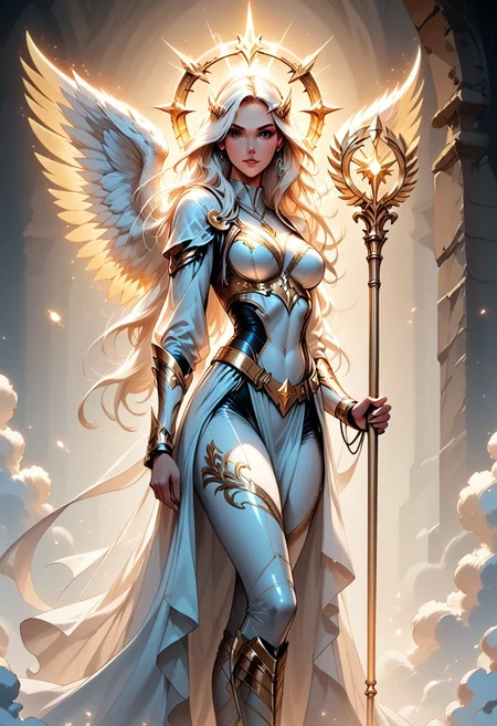 score_9, score_8_up, score_7_up, (Western Comics), a full body image of a sexy mechangel girl, caucasian, seductive, (glowing wings), solo, glowing armor, glowing halo, glowing mechanical 4 wings (hyperdetailed:1.15), detailed, light passing through hair, (ultra detailed, high quality texture), (sharp), (artistic image), 32K, 4K, ULTRA HD, small waist, large breasts, tight white bodysuit with, crop: -5, (3/4 portrait), wide view, ((her whole head and hair is visible)), zoomed out, ((wings completely visible)), (wings uncropped), (from thighs and up), wings folded along her body, cowboy shot, angelify, (monochrome background), (nothing in background), plain background, Long white flowing hair, viking hairstyle, (wings fully visible), ((holding a glowing Magic Scepter upright with both her hands)), (her backside turned towards the viewer), Spell Casting, Frost spell