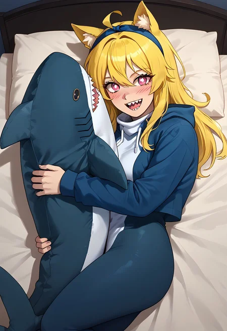 score_9_up, masterpiece, best quality, amazing quality, very aesthetic, absurdres, newest, , photorealistic, portrait, 1girl, solo girl, laying on bed, on back,<lora:kigurumi-ponyxl-lora-nochekaiser:1>, kigurumi, animal hood, animal costume, cosplay,, night, dim light, ON SIDE, HAPPY, HEARTS IN AIR,hugging, shark, stuffed shark, SHARK IN THE RIBBON,<lora:Hugging_shark:1>
<lora:Lucita_Yellow_Pony_V2.0:1> Lucita Yellow,  long yellow hair, bangs, animal ears, tail, pink eyes, square shaped pupils, ((adult)) medium breasts, open mouth, sharp teeth, light blushing, shy smile,