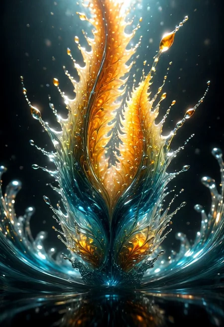 An abstract shape, amazingly fluid, made of glass, detailed, 3d fractals, light particles, water drops, shimmering light, surreal, ink, smooth, shimmering, glow, cinematice contrast, Glow,
16k