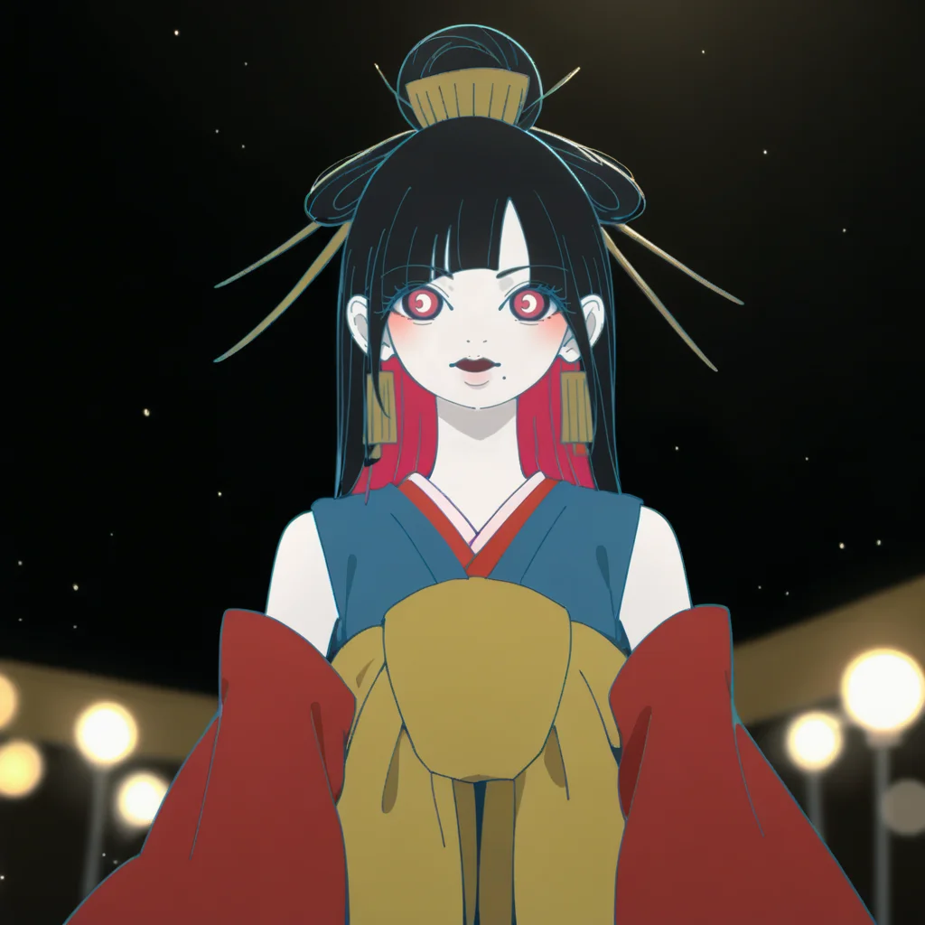 cinematic film still, score_9, score_8_up, score_7_up, score_6_up, score_5_up BREAK t1u5, 1girl, mole under mouth, colored sclera, pink eyes, symbol-shaped pupils, long hair, black hair, blue kimono, sleeveless, earrings, hair stick, hime cut, sidelocks, hair ornament, colored inner hair, yellow obi, red sleeves, detached sleeves, cowboy shot, pale skin, looking at viewer, solo, <lora:tukiGirlPDXL16v0.95cametx1-000008:0.8>, shallow depth of field, vignette, highly detailed, high budget, bokeh, cinemascope, moody, epic, gorgeous, film grain, grainy