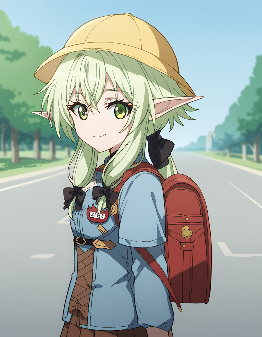 score_9, score_8_up, score_7_up, source_anime, <lora:high-elf-archer-s2-ponyxl-lora-nochekaiser:1> high elf archer, long hair, green eyes, bow, hair bow, black bow, sidelocks, green hair, pointy ears, elf,, <lora:kindergarten-uniform-ponyxl-lora-nochekaiser:1> kindergarten uniform, school hat, yellow hat, randoseru, backpack, red bag, blue shirt, name tag, skirt, pleated skirt,, smile, street, houses, road, from side, looking at viewer, holding strap, cowboy shot,