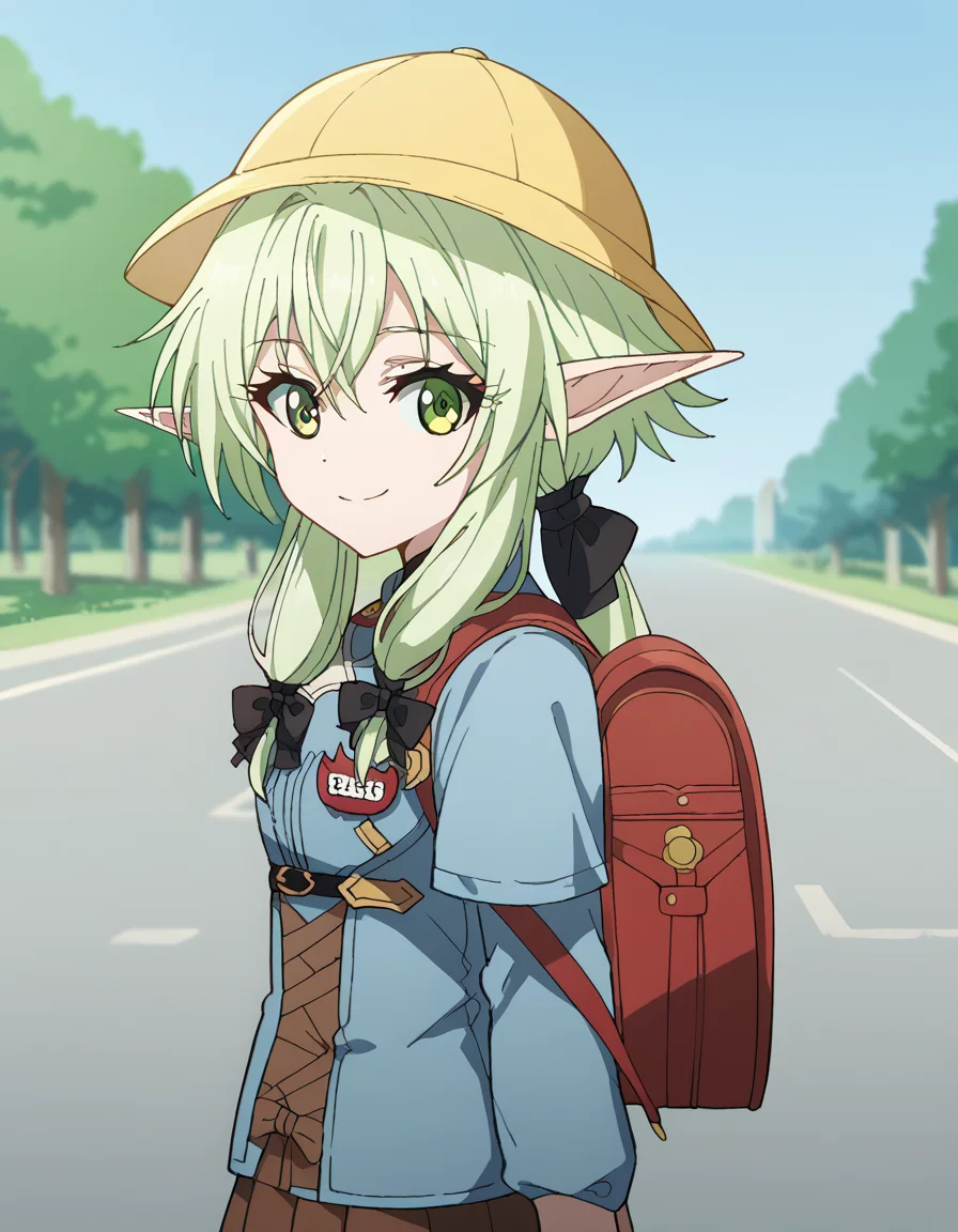 score_9, score_8_up, score_7_up, source_anime, <lora:high-elf-archer-s2-ponyxl-lora-nochekaiser:1> high elf archer, long hair, green eyes, bow, hair bow, black bow, sidelocks, green hair, pointy ears, elf,, <lora:kindergarten-uniform-ponyxl-lora-nochekaiser:1> kindergarten uniform, school hat, yellow hat, randoseru, backpack, red bag, blue shirt, name tag, skirt, pleated skirt,, smile, street, houses, road, from side, looking at viewer, holding strap, cowboy shot,