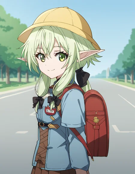 score_9, score_8_up, score_7_up, source_anime, <lora:high-elf-archer-s2-ponyxl-lora-nochekaiser:1> high elf archer, long hair, green eyes, bow, hair bow, black bow, sidelocks, green hair, pointy ears, elf,, <lora:kindergarten-uniform-ponyxl-lora-nochekaiser:1> kindergarten uniform, school hat, yellow hat, randoseru, backpack, red bag, blue shirt, name tag, skirt, pleated skirt,, smile, street, houses, road, from side, looking at viewer, holding strap, cowboy shot,