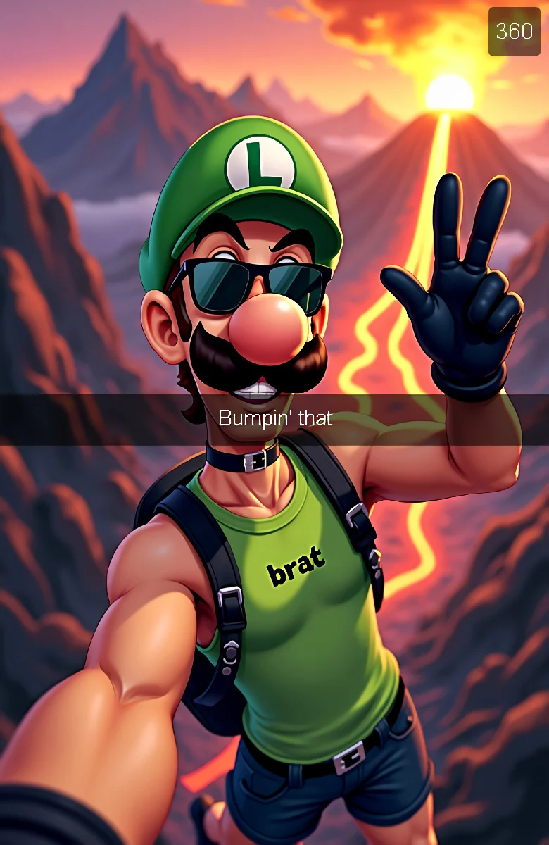 Art Style: Digital painting, detailed pixel art.
Character: Luigi (Nintendo).
Outfit: Lime green tank top with small black text "brat" in the middle, black shorts.
Accessories: Black sunglasses, black gloves, black belt, black choker, black backpack.
Pose: Amateur selfie pov, v sign, smile. Small black (Snapchat) caption bar in the middle: "Bumpin' that." and "360" on the top right.
Angle: Upper body, dutch angle, dynamic.
Background: Active volcano, rugged mountains, flowing lava, sunset, clouds.