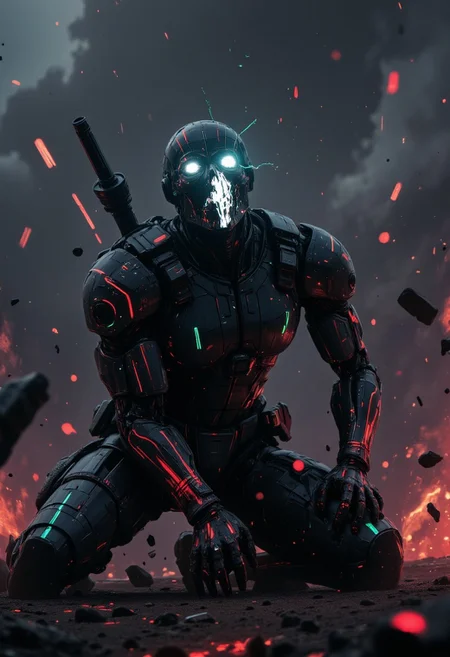 A ghost in the machine, a soldier on the verge of detonation. His face glitches—fractured, repeating, lagging between agony and cold resolve. His eyes burn like ruptured floodlights, neon beams stabbing through the dark, his mouth a gaping wound of searing white. The light isn’t escaping—it’s devouring him from within, cracking through his corroded plating, tearing him apart pixel by pixel.
His body flickers, warping between steel and static, neon scars pulsing like dying circuitry. The air vibrates with a distorted hum, reality bending as his form destabilizes. Glitching shadows stretch unnaturally, his figure collapsing, reforming, seconds from oblivion.
Kneeling in the wreckage of his own existence, he prays to nothing. The war is over. He won’t be for much longer.