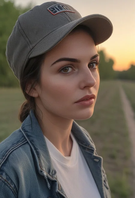 30yo american woman in a wheat field
Small eyes. Brown eyes.
Wearing ripped Denim jacket red hat
no makeup. Clear skin. realistic skin style
Long dark black slick back hair. No makeup. Dusk, Street light. Looking at camera POV. Slight smile, tilting head.. Tilt head. Hands in head, face, lips.
Medium Close Up shot. Bokeh. Bokeh light.