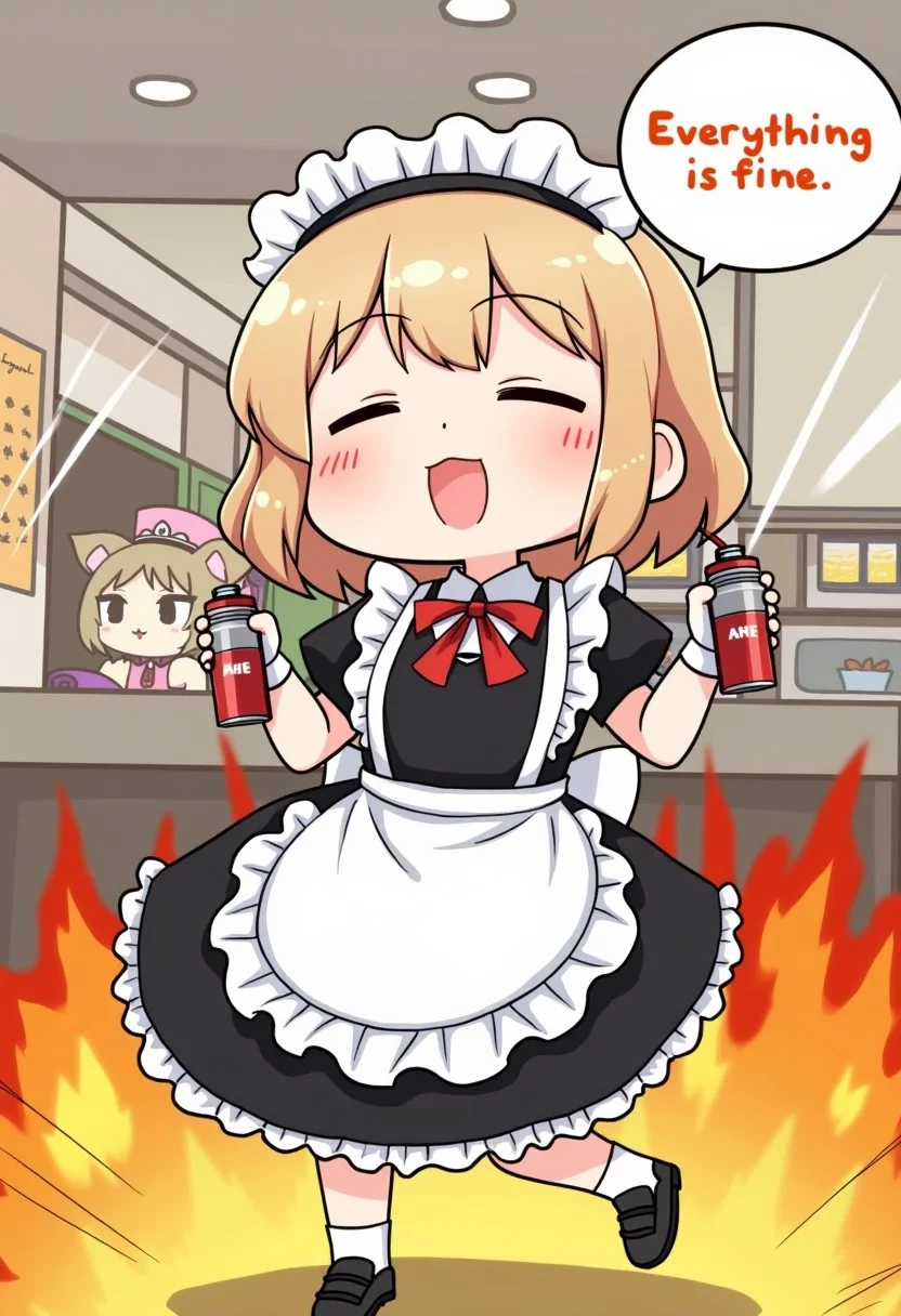 1girl, cartoon, kawaii face, chibi maid, dancing while holding gasoline cans, spraying gasoline, cafe, cafe on fire, view from front, maid uniform, facing viewer, singing, eyes closed, "Everything is fine" speech bubble, anthropomorphic dog wearing hat in background